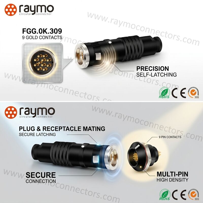 FGG.0K.309 9 Pin Self Latching Push Pull Plug 5000 Mating Cycles 0K Metal Connector